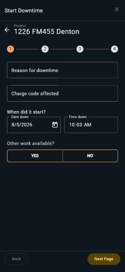 Downtime mobile form for selecting the project and recording the impact