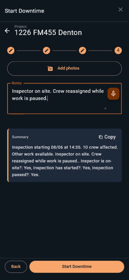 Downtime mobile final step with photos, notes, event summary, and Start Downtime button